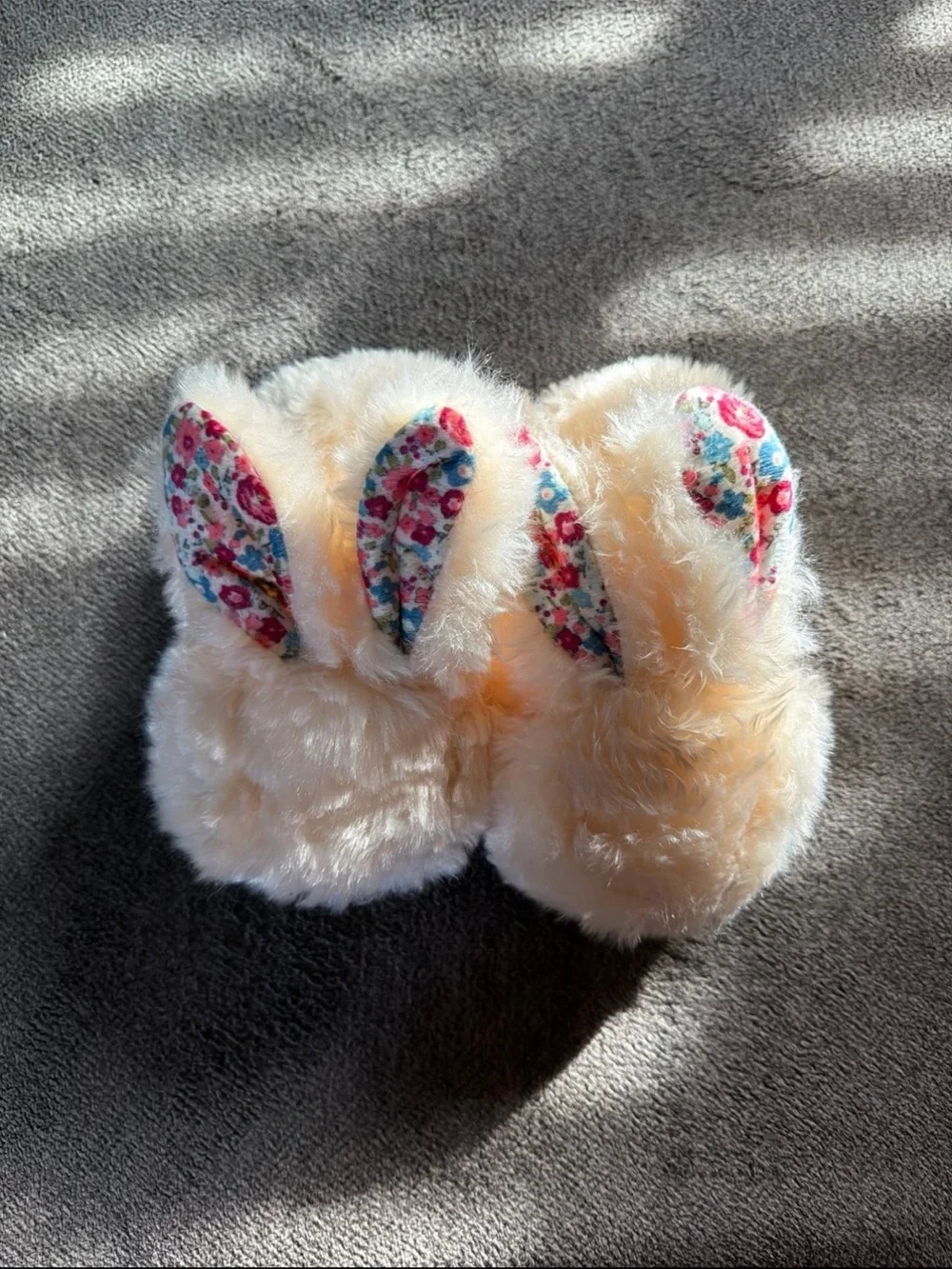 Kids Plush Bunny Slippers in Cream with Floral Ears